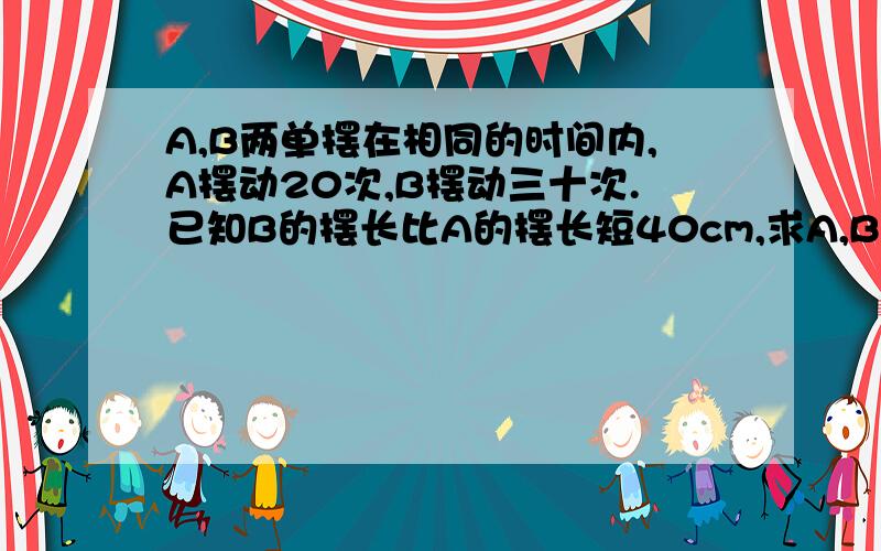 A,B两单摆在相同的时间内,A摆动20次,B摆动三十次.已知B的摆长比A的摆长短40cm,求A,B两单摆的摆长分别求A，B两单摆的摆长分别长为多少？ 我要过程啊，要解题方法啊