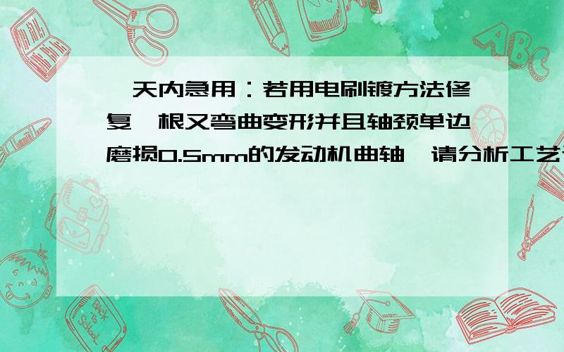 一天内急用：若用电刷镀方法修复一根又弯曲变形并且轴颈单边磨损0.5mm的发动机曲轴,请分析工艺过程!若用电刷镀方法修复一根又弯曲变形并且轴颈单边磨损0.5mm的发动机曲轴,请分析工艺过