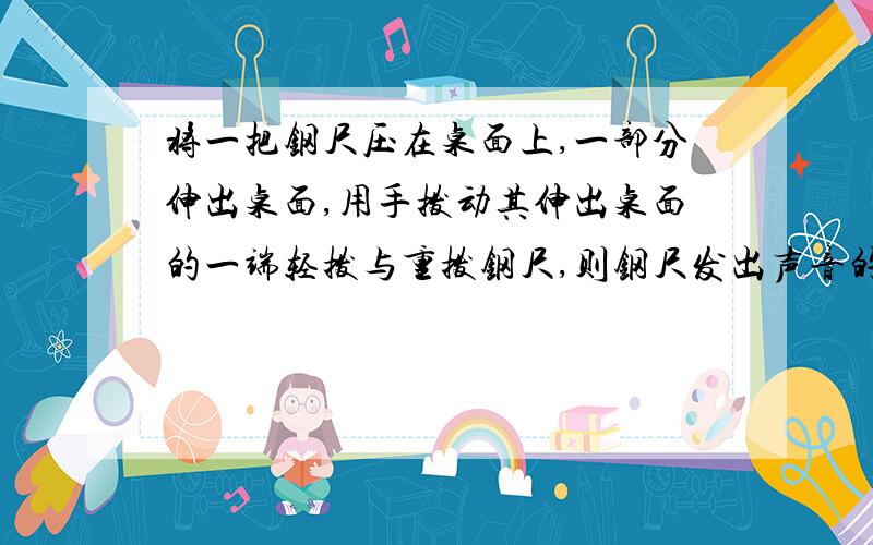 将一把钢尺压在桌面上,一部分伸出桌面,用手拨动其伸出桌面的一端轻拨与重拨钢尺,则钢尺发出声音的（）不同.改变钢尺伸出桌面的长度,则钢尺发出声音的（）不同（均选填音调、响度或