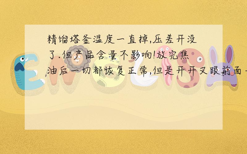 精馏塔釜温度一直掉,压差开没了.但产品含量不影响!放完焦油后一切都恢复正常,但是开开又跟前面一样了,到底什么原因.