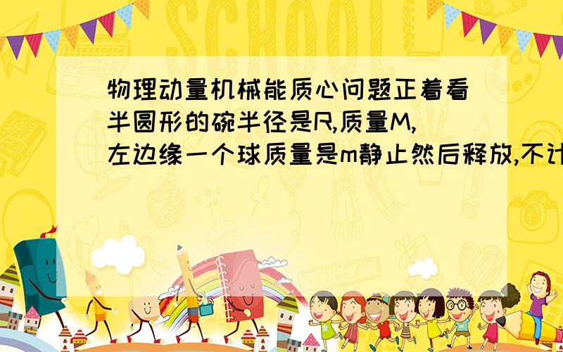 物理动量机械能质心问题正着看半圆形的碗半径是R,质量M,左边缘一个球质量是m静止然后释放,不计一切摩擦,求碗的最大位移.分析：当然用质心求比较简单,但是需要证明球可以到达右边缘.大