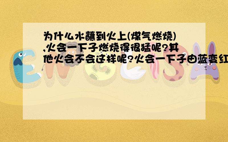 为什么水蘸到火上(煤气燃烧),火会一下子燃烧得很猛呢?其他火会不会这样呢?火会一下子由蓝变红