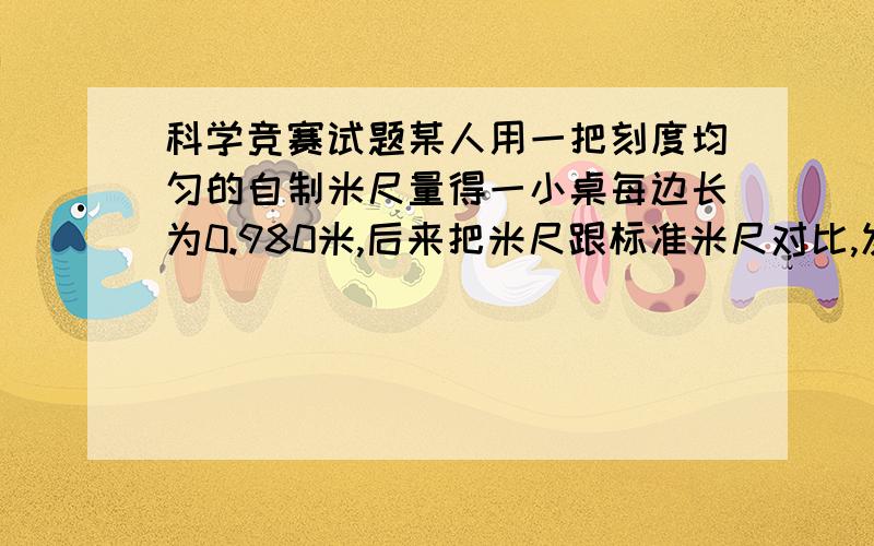 科学竞赛试题某人用一把刻度均匀的自制米尺量得一小桌每边长为0.980米,后来把米尺跟标准米尺对比,发现此米尺实际长度为1.020米,则小桌的每边实际长度为多少?