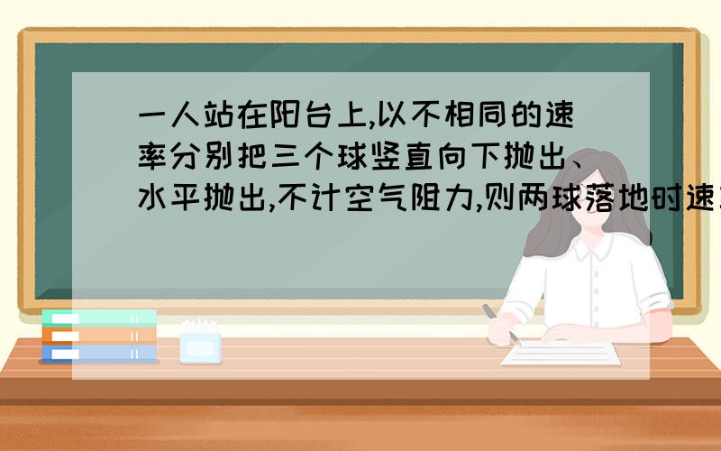 一人站在阳台上,以不相同的速率分别把三个球竖直向下抛出、水平抛出,不计空气阻力,则两球落地时速率