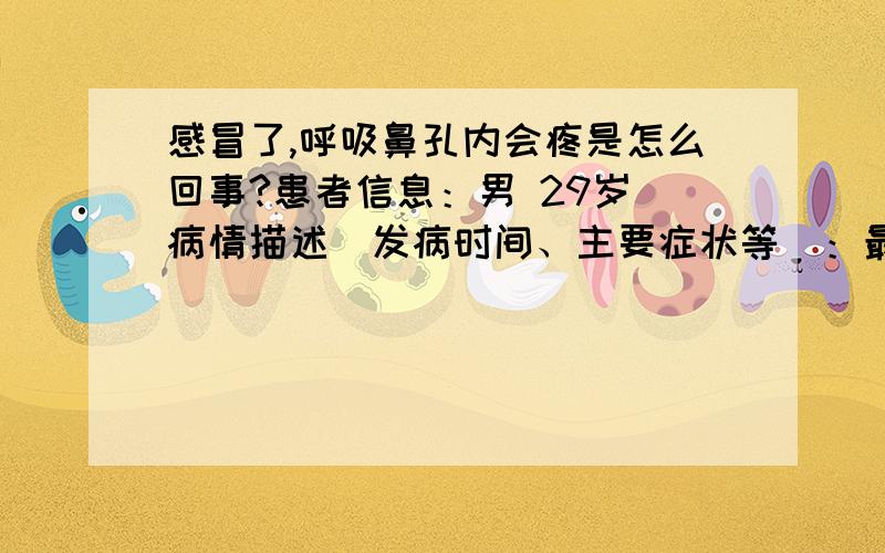 感冒了,呼吸鼻孔内会疼是怎么回事?患者信息：男 29岁 病情描述(发病时间、主要症状等)：最近感冒了,这两天有时候打喷涕,现在感觉呼吸的时候鼻孔内会疼,用手稍微在鼻梁骨那按下呼吸就