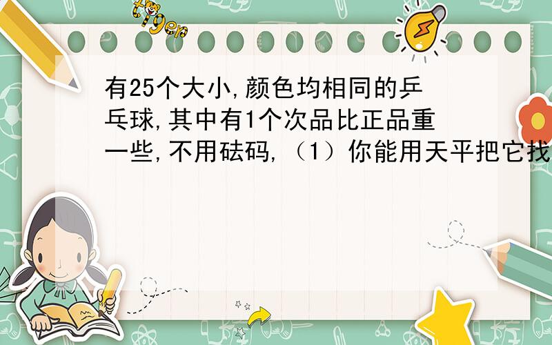 有25个大小,颜色均相同的乒乓球,其中有1个次品比正品重一些,不用砝码,（1）你能用天平把它找出来吗?有25个大小,颜色均相同的乒乓球,其中有1个次品比正品重一些,不用砝码,（1）你能用天