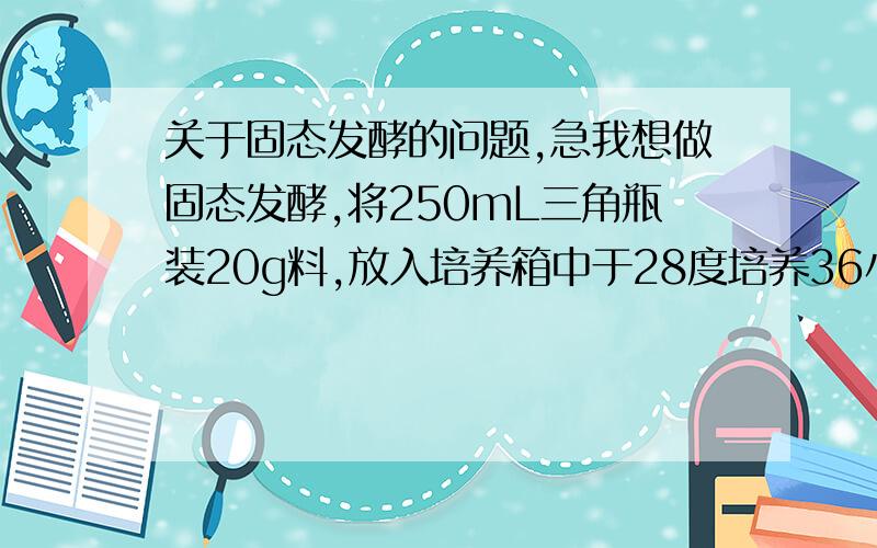 关于固态发酵的问题,急我想做固态发酵,将250mL三角瓶装20g料,放入培养箱中于28度培养36小时,霉菌长势很好,菌丝布满整个培养料.但是当料量扩大100倍用托盘放入培养箱中28度培养,36小时后测