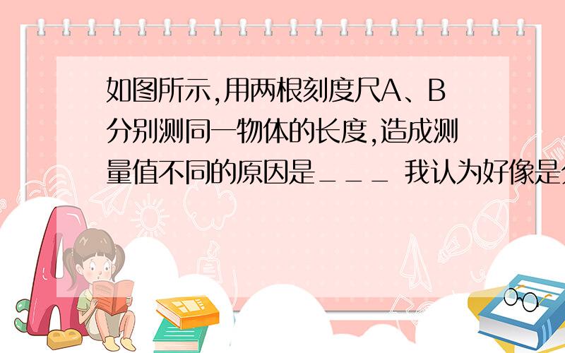 如图所示,用两根刻度尺A、B分别测同一物体的长度,造成测量值不同的原因是___ 我认为好像是分度值如图所示,用两根刻度尺A、B分别测同一物体的长度,造成测量值不同的原因是___我认为好像