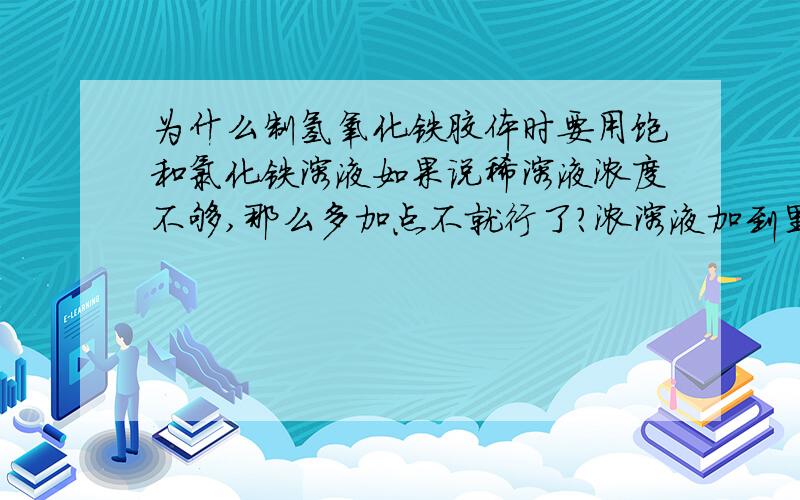 为什么制氢氧化铁胶体时要用饱和氯化铁溶液如果说稀溶液浓度不够,那么多加点不就行了?浓溶液加到里面不是也被稀释了嘛