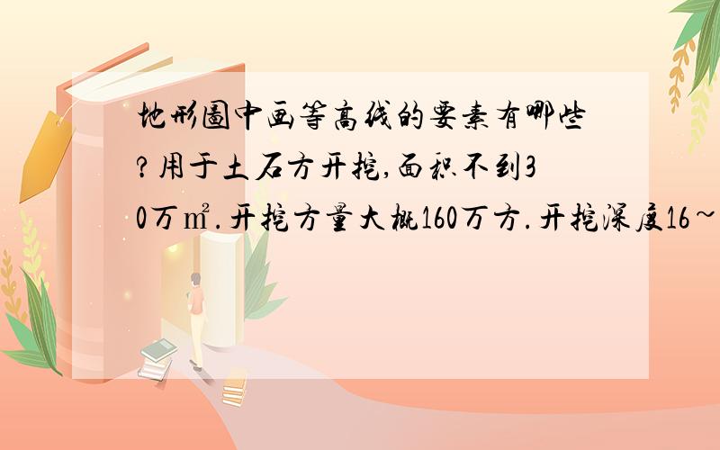 地形图中画等高线的要素有哪些?用于土石方开挖,面积不到30万㎡.开挖方量大概160万方.开挖深度16~27米之间.开挖前肯定要大面积的原始地形测量.请赐教1 外业测量中,需要注意哪些地方?2 内业