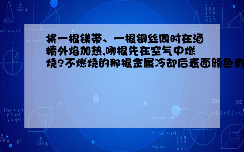 将一根镁带、一根铜丝同时在酒精外焰加热,哪根先在空气中燃烧?不燃烧的那根金属冷却后表面颜色有什么变化