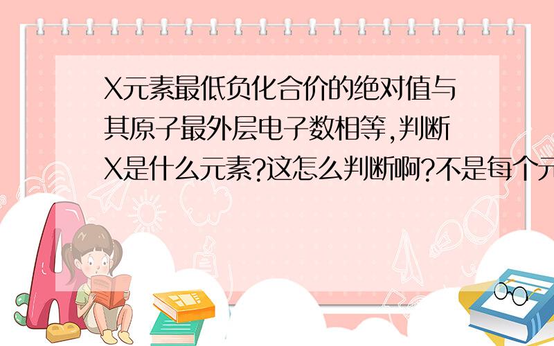 X元素最低负化合价的绝对值与其原子最外层电子数相等,判断X是什么元素?这怎么判断啊?不是每个元素的最低负化合价的绝对值与其原子最外层电子数都相等吗?我的理解哪里错了?