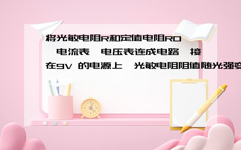 将光敏电阻R和定值电阻R0 、电流表、电压表连成电路,接在9V 的电源上,光敏电阻阻值随光强变化关系如下表：( “光强”表示光强弱程度的物理量,符号为E ,单位坎德拉( cd ) ) 光强E/cd 1 2 3 4 5 6