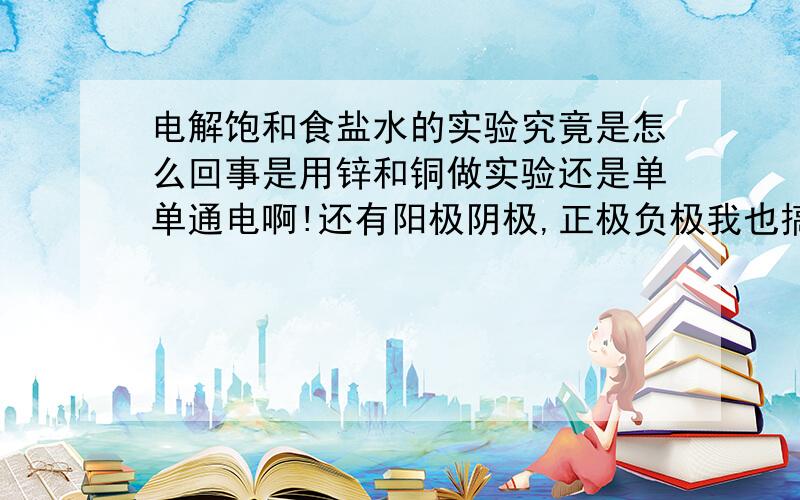 电解饱和食盐水的实验究竟是怎么回事是用锌和铜做实验还是单单通电啊!还有阳极阴极,正极负极我也搞不清楚~