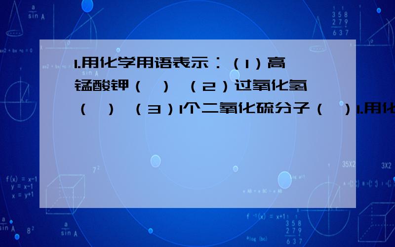 1.用化学用语表示：（1）高锰酸钾（ ） （2）过氧化氢（ ） （3）1个二氧化硫分子（ ）1.用化学用语表示：（1）高锰酸钾（ ） （2）过氧化氢（ ） （3）1个二氧化硫分子（ ）（4）2个硝酸