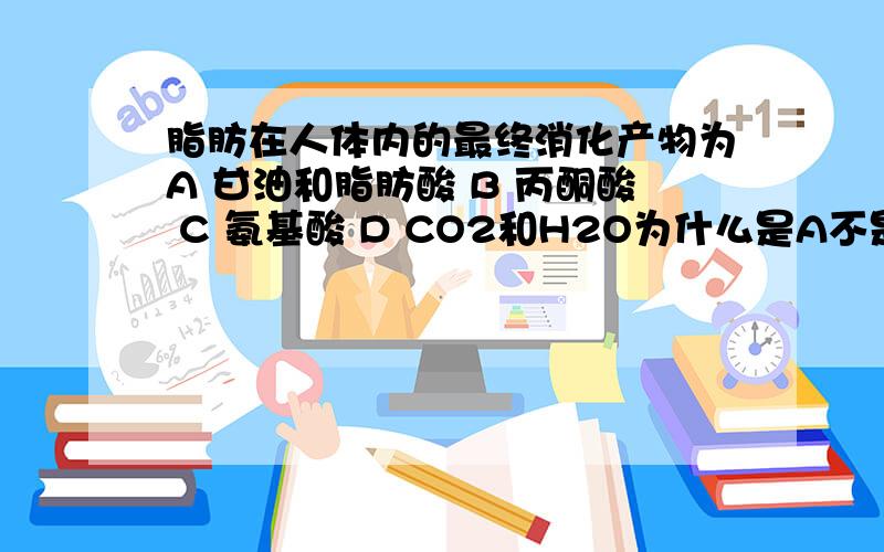 脂肪在人体内的最终消化产物为A 甘油和脂肪酸 B 丙酮酸 C 氨基酸 D CO2和H2O为什么是A不是D?