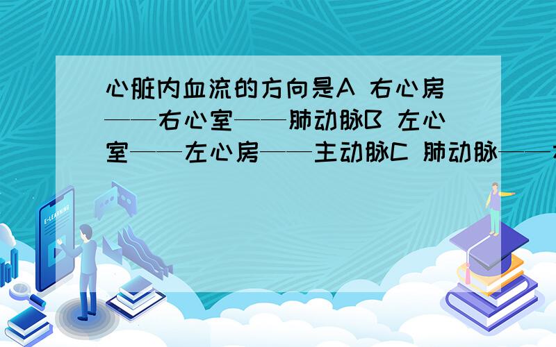 心脏内血流的方向是A 右心房——右心室——肺动脉B 左心室——左心房——主动脉C 肺动脉——右心房——右心室D 主动脉——左心房——左心室