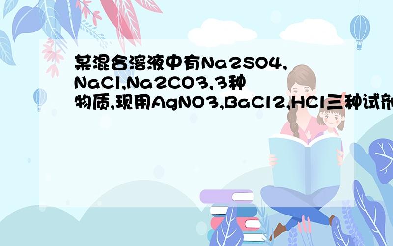某混合溶液中有Na2SO4,NaCl,Na2CO3,3种物质,现用AgNO3,BaCl2,HCl三种试剂分别将他们生成AgCl沉淀,BaSO4沉淀CO2气体那么加入试剂的正确顺序是A AgNO3,BaCl2,HCl B BaCl2,AgNO3,HCl C HCl,BaCl2,AgNO3 D AgNO3,HCl,BaCl2