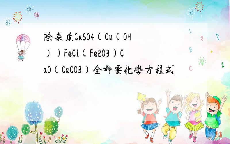 除杂质CuSO4(Cu(OH))FeCl(Fe2O3)CaO(CaCO3)全都要化学方程式