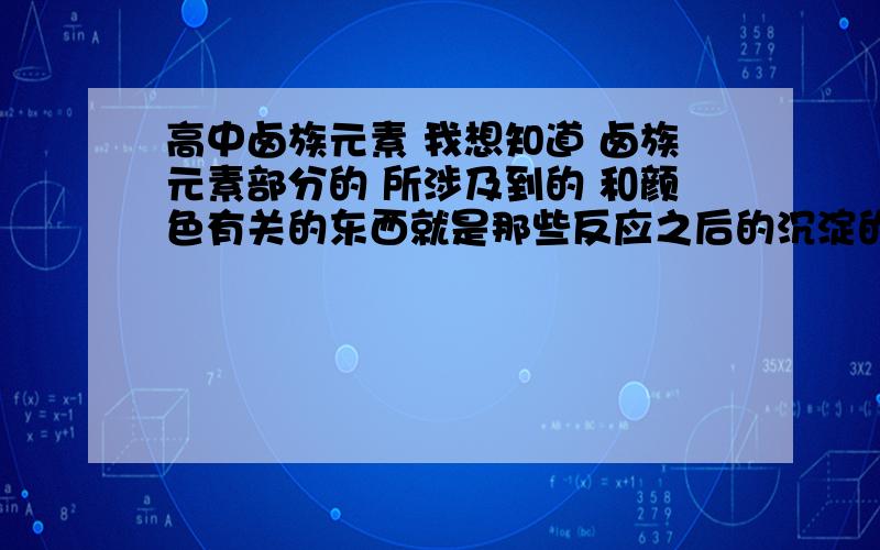 高中卤族元素 我想知道 卤族元素部分的 所涉及到的 和颜色有关的东西就是那些反应之后的沉淀的颜色 生成的气体的颜色等等 对了 我是文科生 度过会开就够了 范围不要太大 弄的我多背没