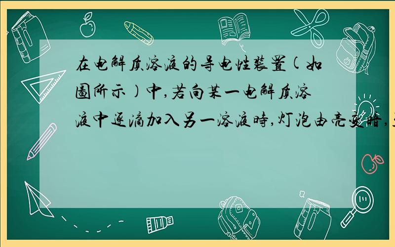 在电解质溶液的导电性装置(如图所示)中,若向某一电解质溶液中逐滴加入另一溶液时,灯泡由亮变暗,至熄灭后又逐渐变亮的是 ()A.盐酸中逐滴加入食盐溶液B.硫酸中逐滴加入氢氧化钠溶液C.硫