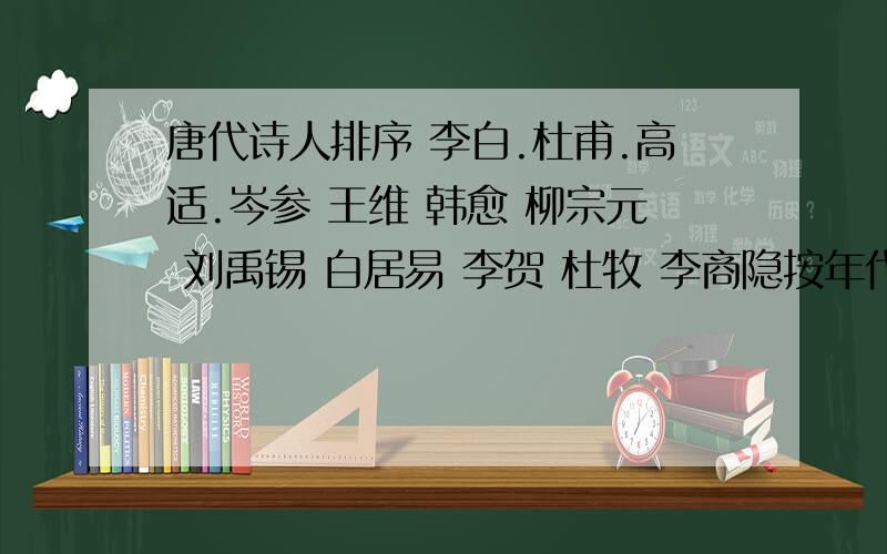 唐代诗人排序 李白.杜甫.高适.岑参 王维 韩愈 柳宗元 刘禹锡 白居易 李贺 杜牧 李商隐按年代