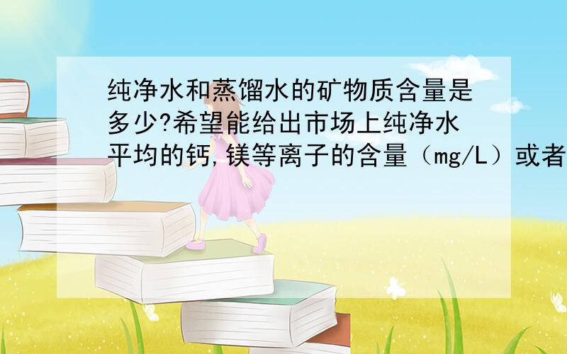 纯净水和蒸馏水的矿物质含量是多少?希望能给出市场上纯净水平均的钙,镁等离子的含量（mg/L）或者是国家标准和世界标准都行.有人会说蒸馏水是什么都不含的,可是实际上厂家在做蒸馏水