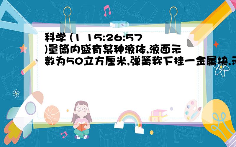 科学 (1 15:26:57)量筒内盛有某种液体,液面示数为50立方厘米,弹簧称下挂一金属块,示数为15牛,将金属块浸没在液体中,量筒内液面示数为100立方厘米,弹簧秤示数为14.6牛,求量筒内液体的密度和金