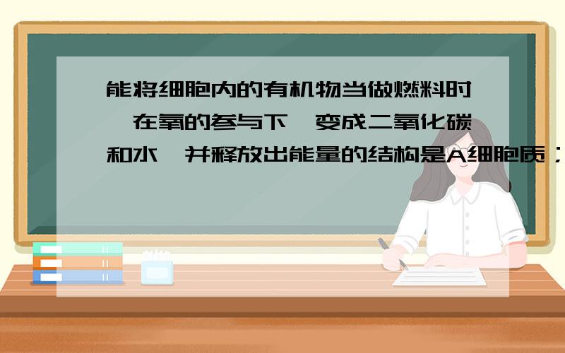 能将细胞内的有机物当做燃料时,在氧的参与下,变成二氧化碳和水,并释放出能量的结构是A细胞质；B细胞核；C叶绿体；D线粒体.