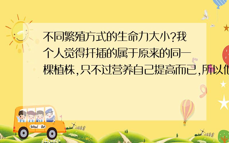 不同繁殖方式的生命力大小?我个人觉得扦插的属于原来的同一棵植株,只不过营养自己提高而已,所以他的生命历程已经走下了一段.他的生命力可能要降低了