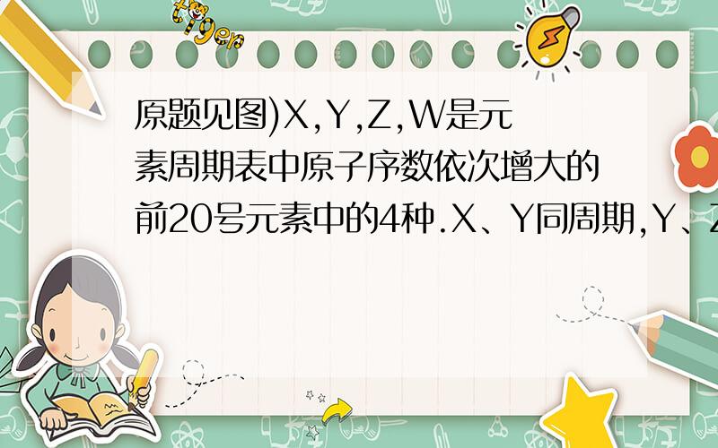 原题见图)X,Y,Z,W是元素周期表中原子序数依次增大的前20号元素中的4种.X、Y同周期,Y、Z同主族,Z^n-与W^n+的电子层结构相同.B,C,D,E,F,G,H,X,Y,Z,W是什么就好了.