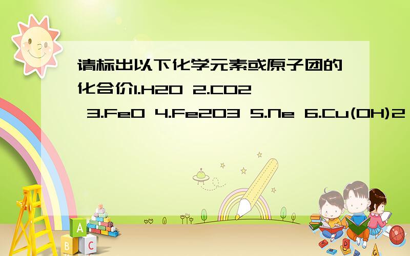 请标出以下化学元素或原子团的化合价1.H2O 2.CO2 3.FeO 4.Fe2O3 5.Ne 6.Cu(OH)2 7.K2SO4 8.CaCl2 9.N2 10.(NH4)2SO4求答案以及方法.