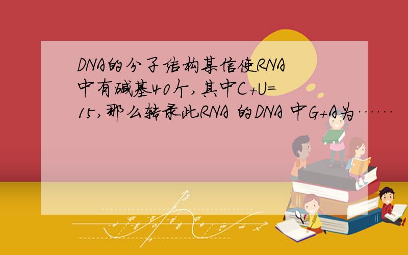 DNA的分子结构某信使RNA中有碱基40个,其中C+U=15,那么转录此RNA 的DNA 中G+A为……