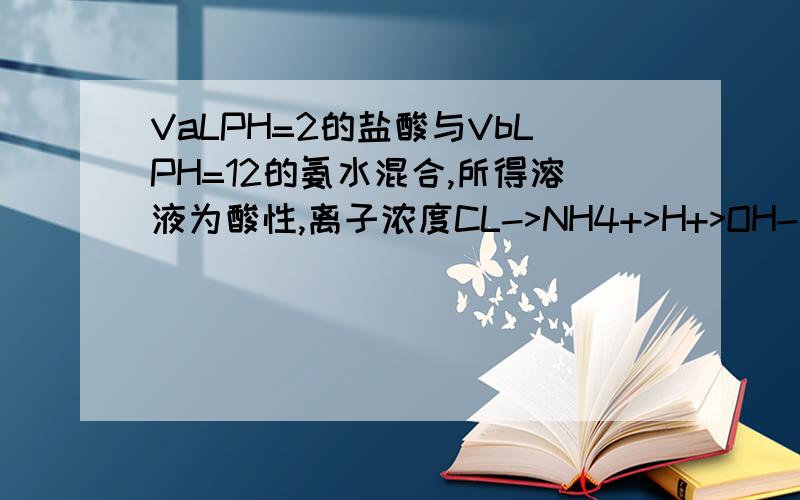 VaLPH=2的盐酸与VbLPH=12的氨水混合,所得溶液为酸性,离子浓度CL->NH4+>H+>OH-为什么不对啊?