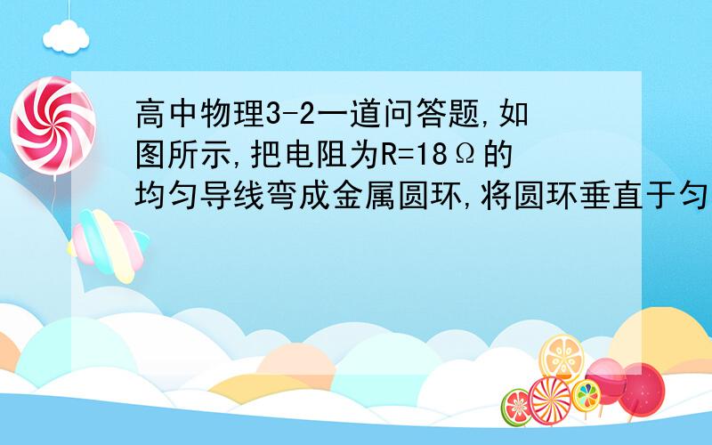 高中物理3-2一道问答题,如图所示,把电阻为R=18Ω的均匀导线弯成金属圆环,将圆环垂直于匀强磁场方向固定,磁场的磁感应强度为B=5T,磁场方向垂直纸面向里,一根电阻为r=4.5Ω的直导线PQ,沿圆环