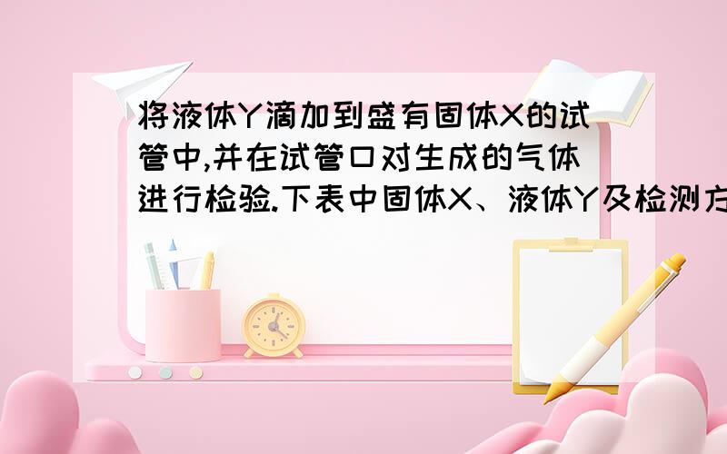 将液体Y滴加到盛有固体X的试管中,并在试管口对生成的气体进行检验.下表中固体X、液体Y及检测方法对应关系错误的是 （ ）选项 固体X 液体Y 检测方法A CaO 浓氨水 蘸有浓盐酸的玻璃棒B Cu 浓