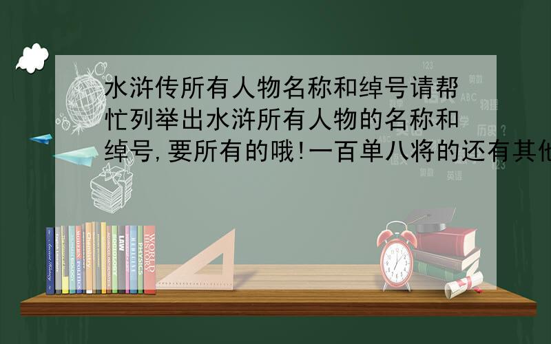 水浒传所有人物名称和绰号请帮忙列举出水浒所有人物的名称和绰号,要所有的哦!一百单八将的还有其他小人物!举例说明一下：没毛大虫---牛二（像这样的小人物都写进来）我给高分.写好了