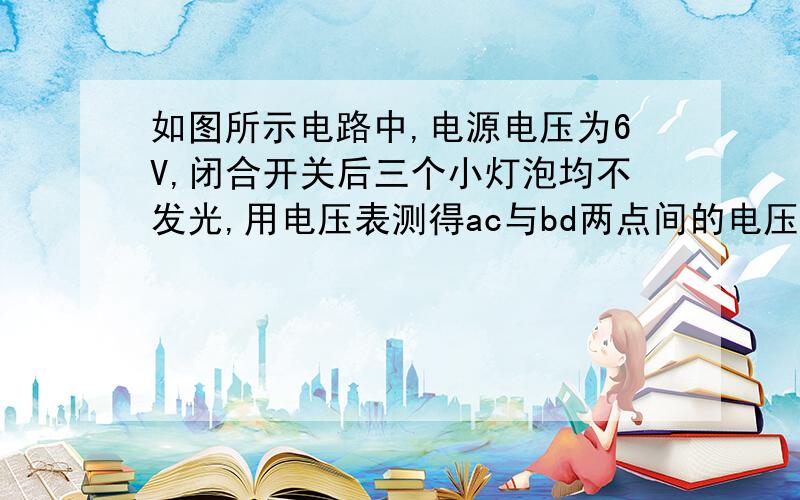 如图所示电路中,电源电压为6V,闭合开关后三个小灯泡均不发光,用电压表测得ac与bd两点间的电压均为6V,则故障可能是A.L1灯丝断了 B.L2灯丝断了 C.L3灯丝断了 D.开关接触不良感激不尽!C在右下角