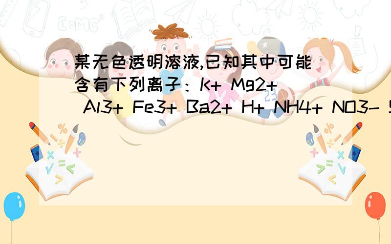 某无色透明溶液,已知其中可能含有下列离子：K+ Mg2+ Al3+ Fe3+ Ba2+ H+ NH4+ NO3- SO4- HCO3- Cl-取该溶液进行如下实验：1 用蓝色石蕊试纸检测该溶液,试纸显红色2 取溶液少许,滴入硝酸银溶液产生沉淀3