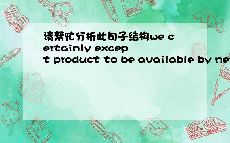 请帮忙分析此句子结构we certainly except product to be available by next monday.