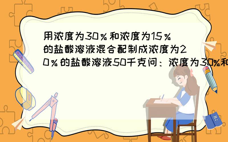 用浓度为30％和浓度为15％的盐酸溶液混合配制成浓度为20％的盐酸溶液50千克问：浓度为30%和15%盐酸溶液各需要多少kg?设浓度为30%和15%的盐酸溶液分别为x千克、y千克.