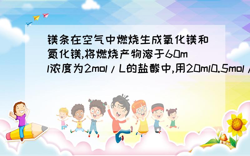 镁条在空气中燃烧生成氧化镁和氮化镁,将燃烧产物溶于60ml浓度为2mol/L的盐酸中,用20ml0.5mol/LNaOH溶液中和多余的盐酸,然后再溶液中加入过量的NaOH溶液,并加热使NH3全部挥发,再用稀盐酸吸收NH3,