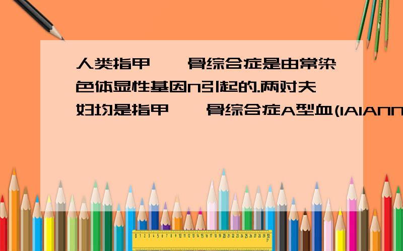 人类指甲―髌骨综合症是由常染色体显性基因N引起的.两对夫妇均是指甲―髌骨综合症A型血(IAIANN)和正常O型血结婚.两个家庭的孩子长大后互相婚配,产生的后代表现型及比例如下：指甲―髌