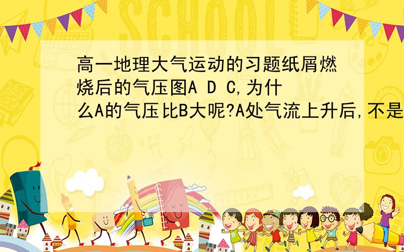 高一地理大气运动的习题纸屑燃烧后的气压图A D C,为什么A的气压比B大呢?A处气流上升后,不是成为低压了吗?sorry，问错了，是为什么A比D大