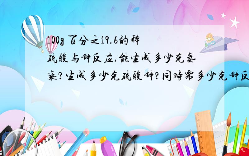 100g 百分之19.6的稀硫酸与锌反应,能生成多少克氢气?生成多少克硫酸锌?同时需多少克锌反应?