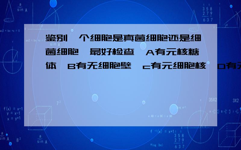 鉴别一个细胞是真菌细胞还是细菌细胞,最好检查,A有元核糖体,B有无细胞壁,c有元细胞核,D有无细胞膜