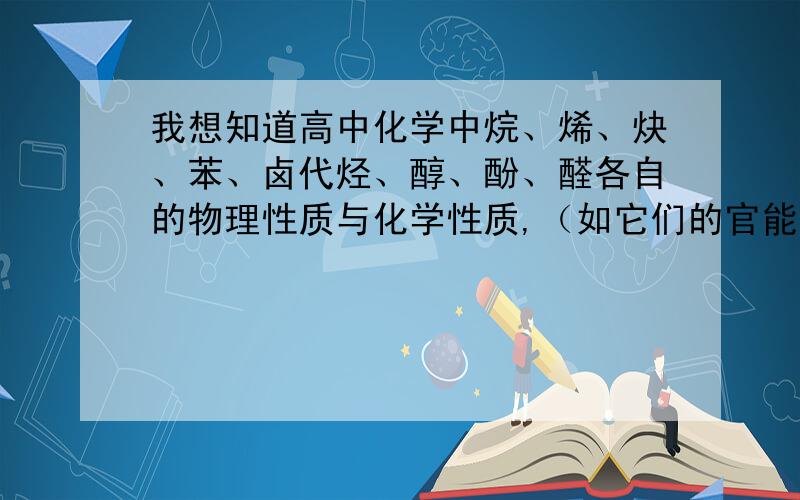 我想知道高中化学中烷、烯、炔、苯、卤代烃、醇、酚、醛各自的物理性质与化学性质,（如它们的官能团,能发生哪些类型的反应,能不能和活泼金属反应,哪些能和溴反应或能和溴水反应等等