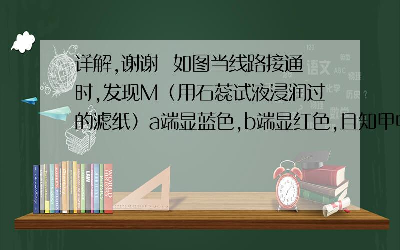 详解,谢谢  如图当线路接通时,发现M（用石蕊试液浸润过的滤纸）a端显蓝色,b端显红色,且知甲中电极材料是锌、银,乙中电极材料是铂、铜,且乙中两极不发生变化.（图为左边有一个装有CuSO4