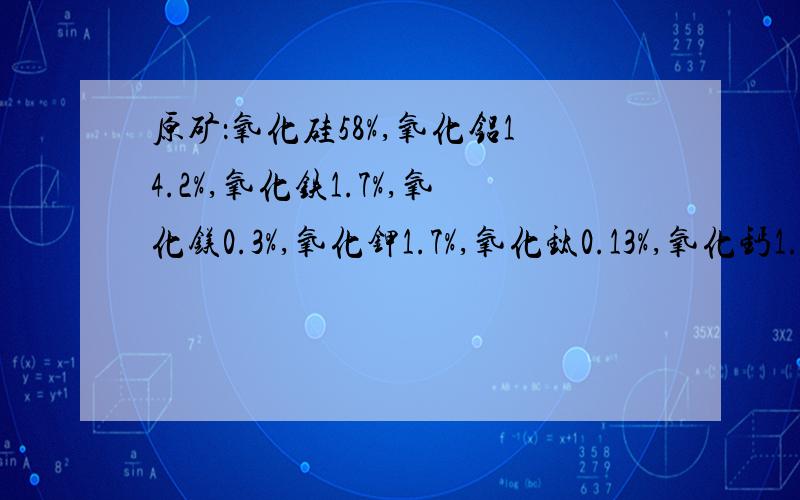 原矿：氧化硅58%,氧化铝14.2%,氧化铁1.7%,氧化镁0.3%,氧化钾1.7%,氧化钛0.13%,氧化钙1.6%.这样的矿