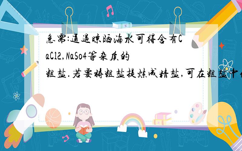 急需:通过晾晒海水可得含有CaCl2,NaSo4等杂质的粗盐.若要将粗盐提炼成精盐,可在粗盐中依次加入过量的__...急需:通过晾晒海水可得含有CaCl2,NaSo4等杂质的粗盐.若要将粗盐提炼成精盐,可在粗盐